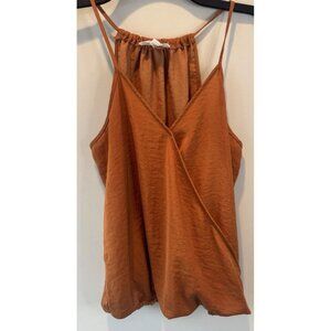 Womens Burnt Orange Satin Faux Wrap Spaghetti Strap Top M Minimalist Indie